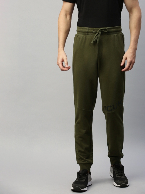 

French Connection Men Olive Green Solid Slim Fit Joggers with Print Detail