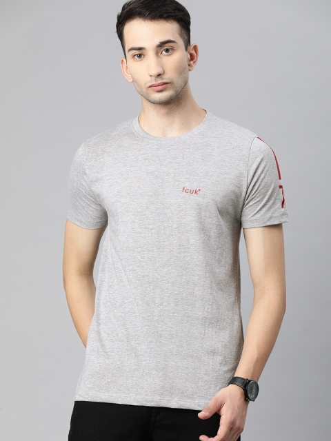 

French Connection Men Grey Solid Slim Fit Round Neck Pure Cotton T-shirt with Print Detail