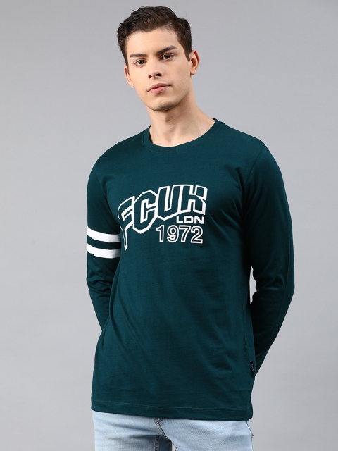 

French Connection Men Teal Green Printed Slim Fit Round Neck T-shirt