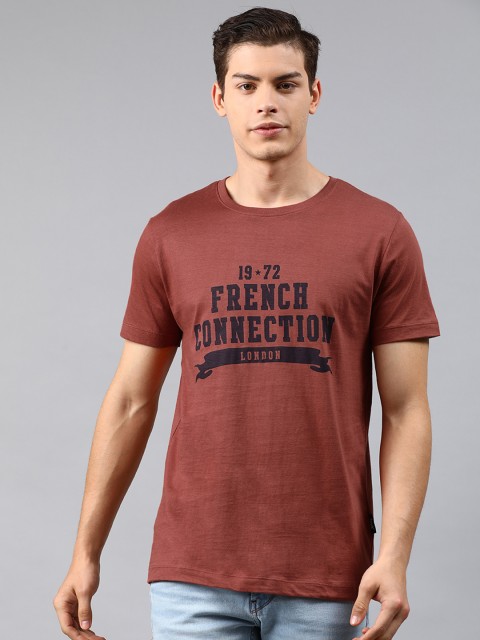 

French Connection Men Rust Brown Printed Slim Fit Round Neck T-shirt