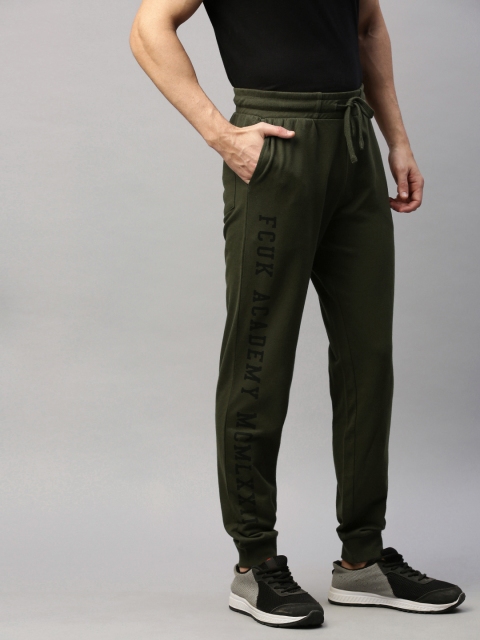 

French Connection Men Olive Green Solid Slim Fit Joggers with Printed Details