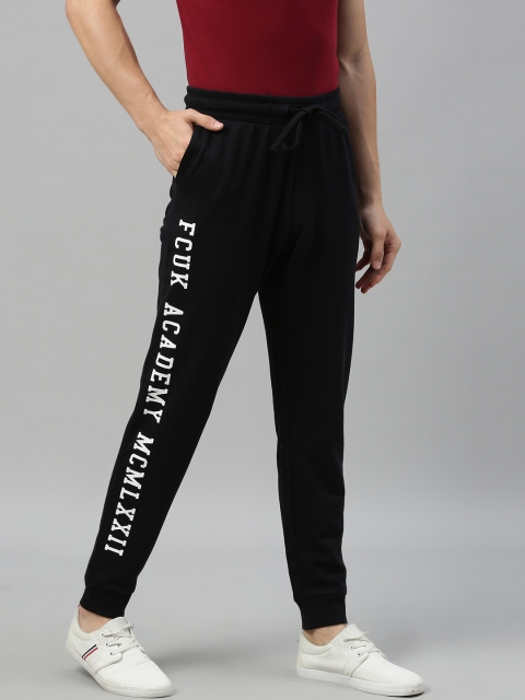 

French Connection Men Black Solid Slim Fit Joggers with Printed Detail