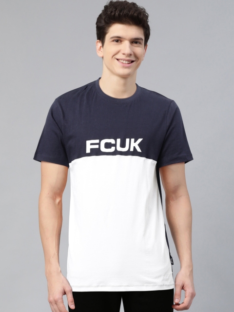 

French Connection Men White & Navy Blue Colourblocked Round Neck T-shirt