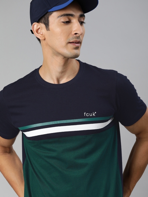 

French Connection Men Navy Blue & Green Slim Fit Colourblocked Round Neck T-shirt