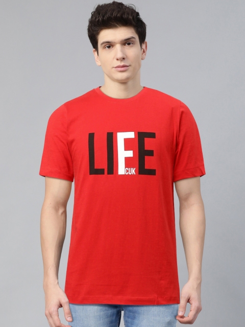 

French Connection Men Red Black Printed Round Neck Pure Cotton T-shirt