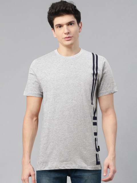 

French Connection Men Grey Melange Placement Print Round Neck T-shirt