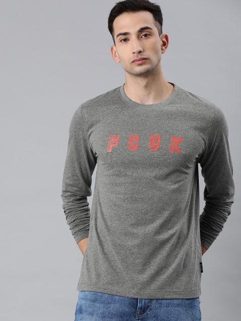 

French Connection Men Grey Printed Slim Fit Round Neck Pure Cotton T-shirt