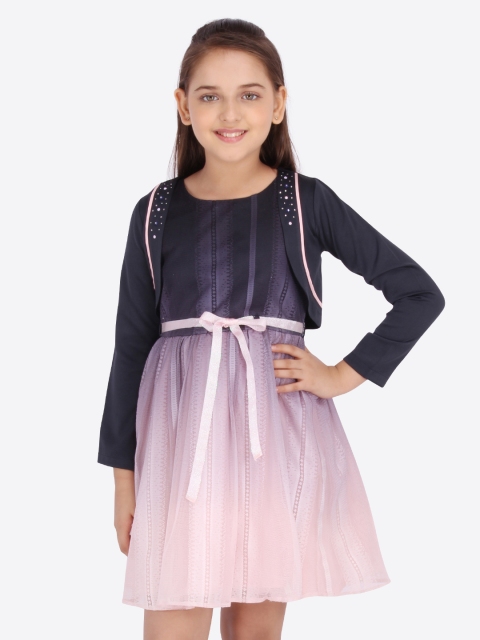 

CUTECUMBER Girls Pink & Black Colourblocked Fit and Flare Dress & Jacket