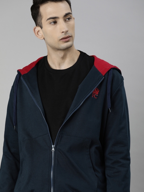 

French Connection Men Navy Blue Solid Hooded Sweatshirt