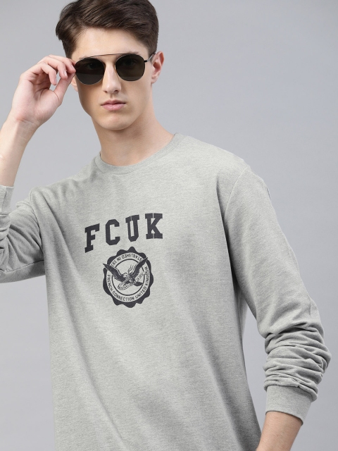 

French Connection Men Grey Melange Printed Sweatshirt