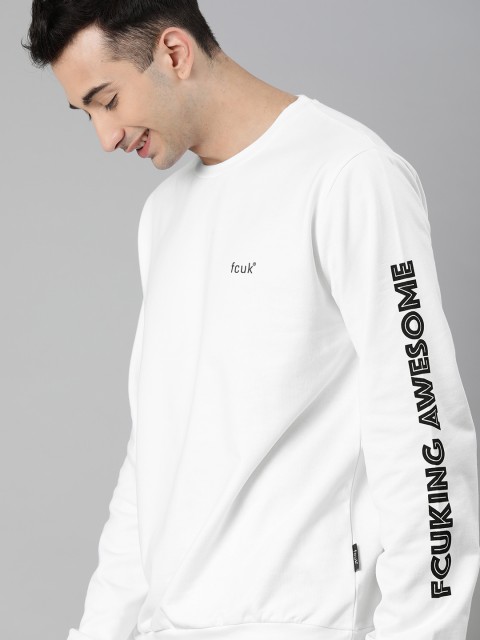

French Connection Men White Solid Pullover Sweatshirt with Printed Detail