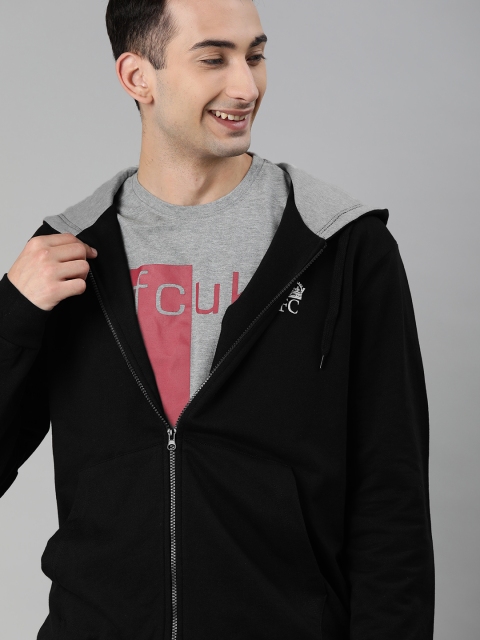 

French Connection Men Black Solid Hooded Sweatshirt