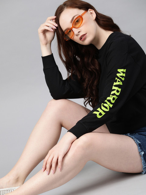 

ONLY Women Black & Fluorescent Green Printed Sweatshirt