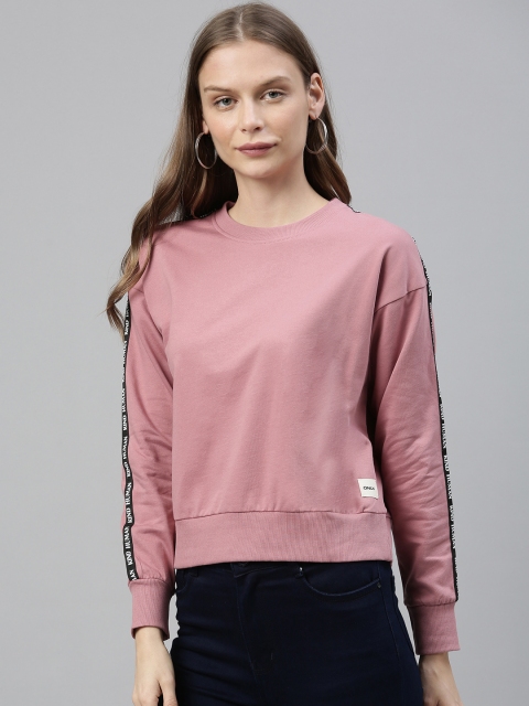 

ONLY Women Pink Solid Pullover Sweatshirt With Printed Side Stripes
