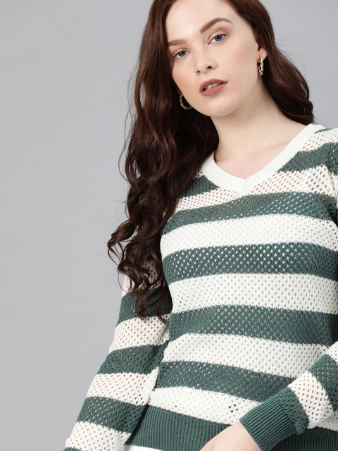 

ONLY Women Green & Off-White Striped Pullover Sweater