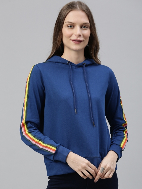 

ONLY Women Blue Solid Hooded Pullover Sweatshirt With Side Stripes