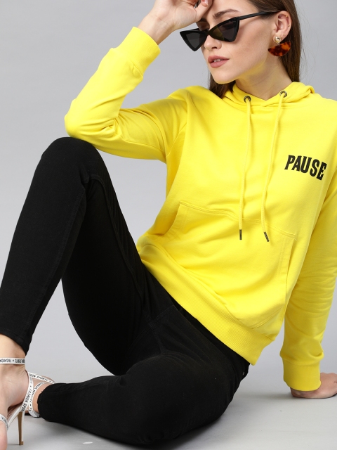 

ONLY Women Yellow & Black Printed Hooded Sweatshirt