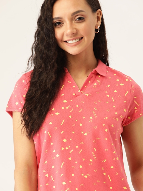 

DressBerry Women Pink & yellow Printed Polo Collar T-shirt