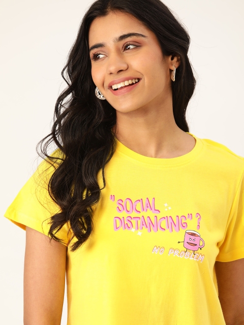 

DressBerry Women Yellow Pure Cotton Printed Detail Round Neck T-shirt
