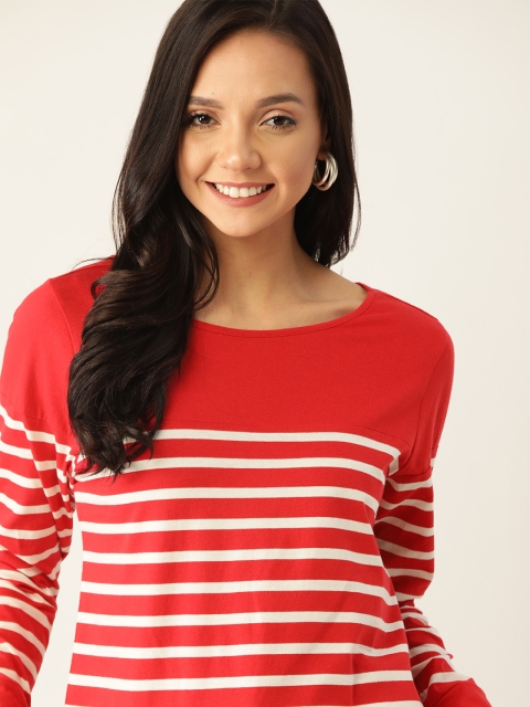 

DressBerry Women Red & White Striped Pure Cotton Round Neck T-shirt