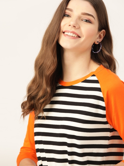 

DressBerry Women Black & White Pure Cotton Striped Round Neck T-shirt