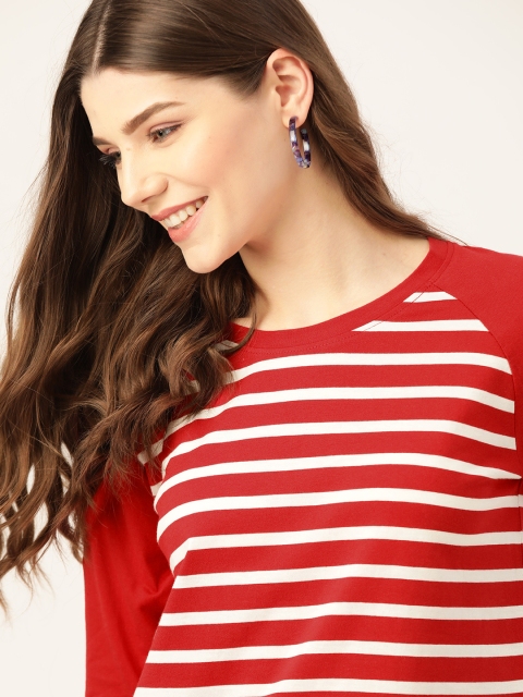 

DressBerry Women Red & White Pure Cotton Striped Round Neck T-shirt