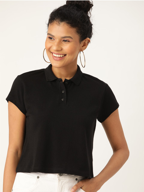 

DressBerry Women Black Solid Polo Collar Boxy T-shirt