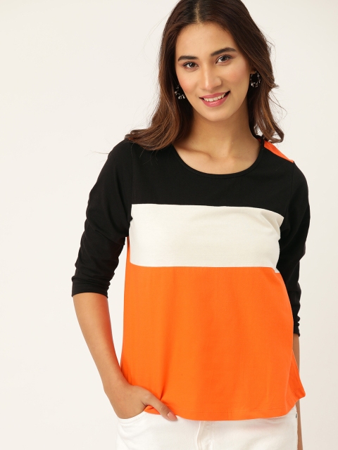 

DressBerry Women Orange & White Colourblocked Round Neck T-shirt