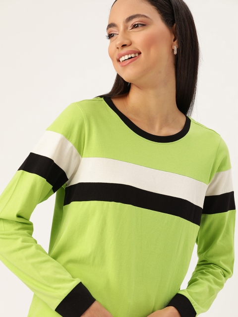 

DressBerry Women Fluorescent Green & Black Striped Round Neck T-shirt