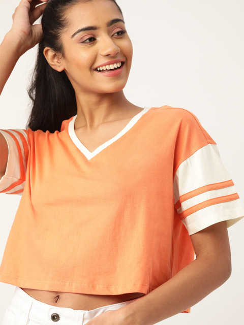 

DressBerry Women Orange Solid Cropped V-Neck T-shirt