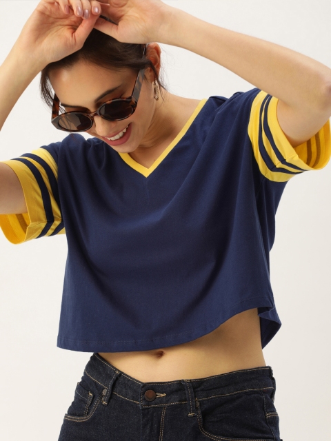 

DressBerry Women Navy Blue & Yellow Solid V-Neck T-shirt