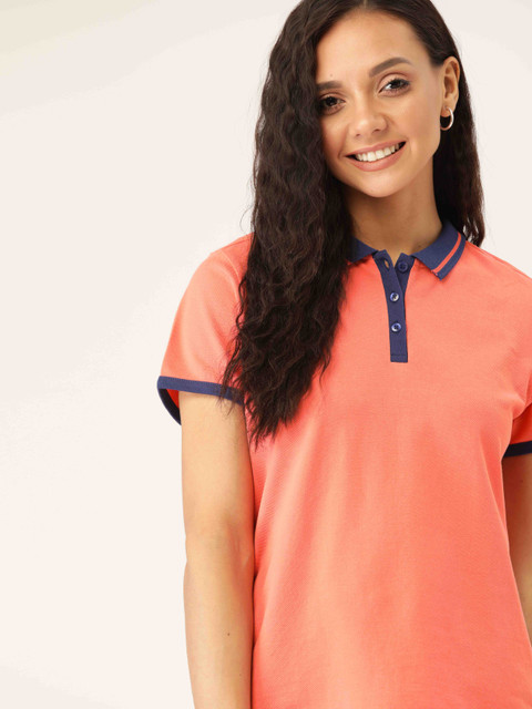 

DressBerry Women Coral Pink Solid Polo Collar T-shirt