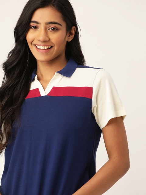 

DressBerry Women Blue & Off-White Colourblocked Polo Collar T-shirt