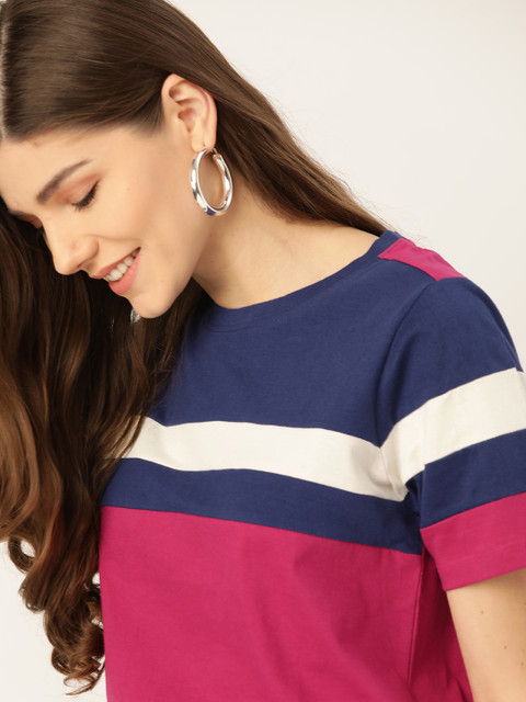 

DressBerry Women Pink & Blue Striped Round Neck T-shirt