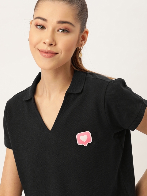 

DressBerry Women Black Solid Polo Collar Crop Pure Cotton T-shirt