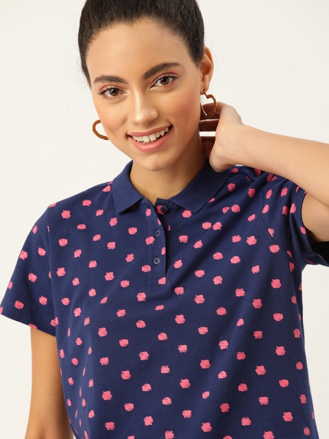 

DressBerry Women Navy Blue & Pink Printed Polo Collar T-shirt