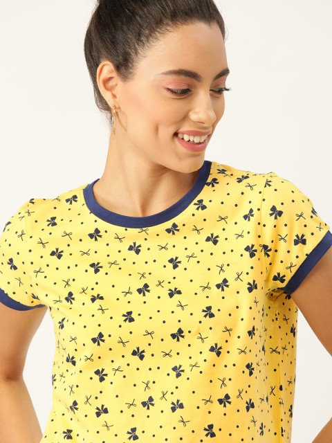 

DressBerry Women Yellow Navy Blue Bow Printed Round Neck Pure Cotton T-shirt