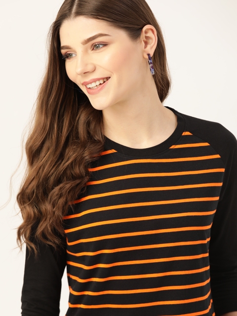 

DressBerry Women Black & Orange Cotton Striped Round Neck T-shirt