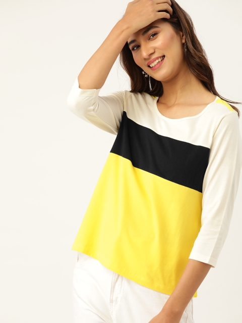 

DressBerry Women Yellow & White Colourblocked Round Neck T-shirt