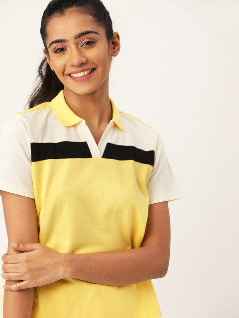 

DressBerry Women Yellow & Off-White Colourblocked Polo Collar T-shirt