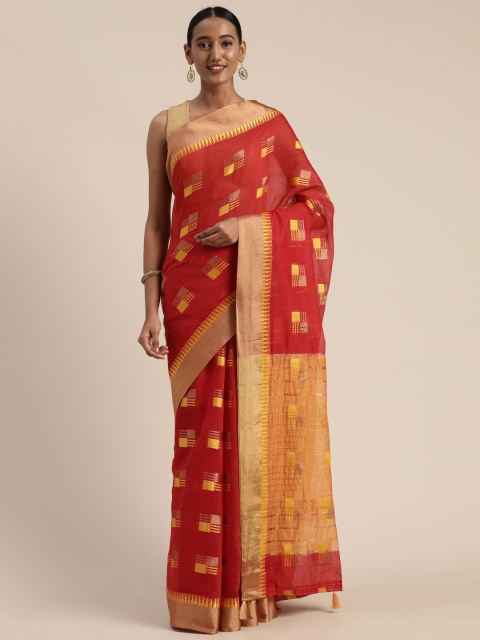 

Satrani Red & Gold-Toned Silk Blend Woven Design Chanderi Saree