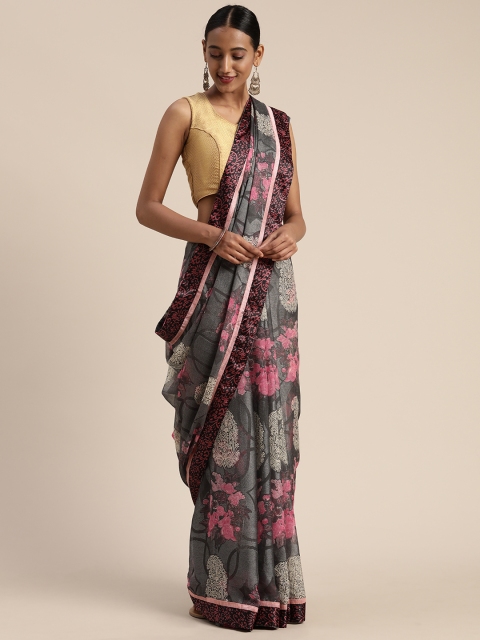 

Satrani Grey & Pink Pure Chiffon Floral Printed Saree