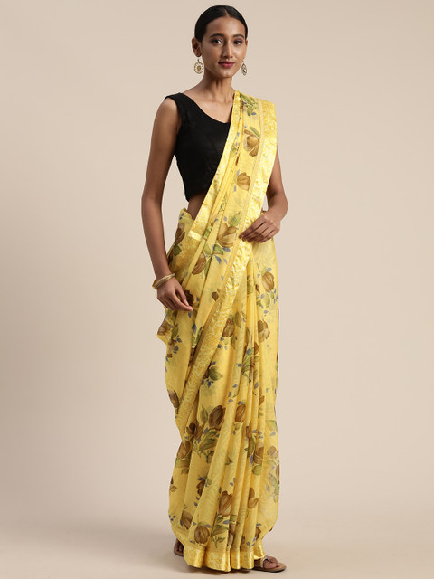 

Satrani Yellow Printed Pure Chiffon Saree