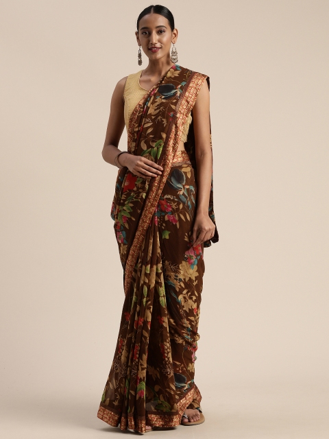 

Satrani Brown & Red Pure Georgette Printed Saree