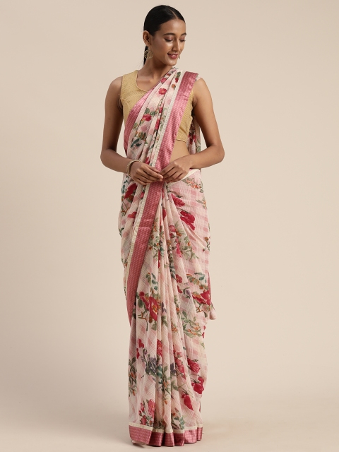 

Satrani Pink & Off-White Pure Georgette Floral Printed Saree