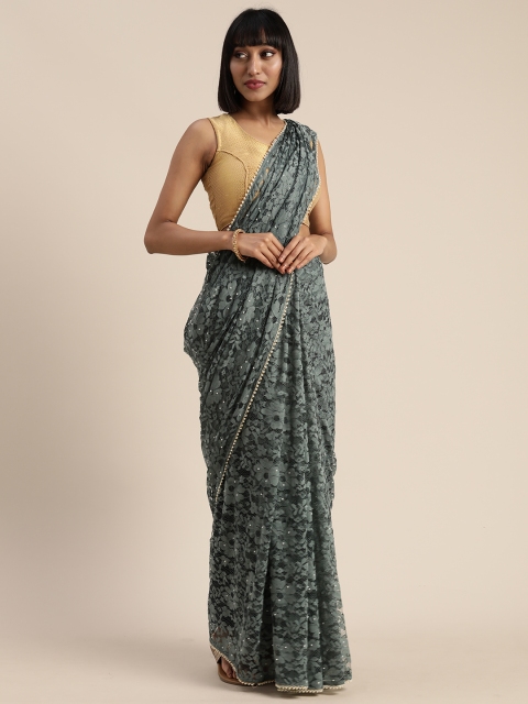 

Satrani Green Embellished Border Self Design Net Saree