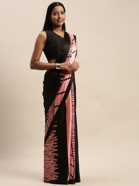 

Satrani Pink & Black Satin Printed Saree