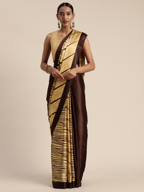 

Satrani Coffee Brown & Yellow Satin Abstract Printed Saree