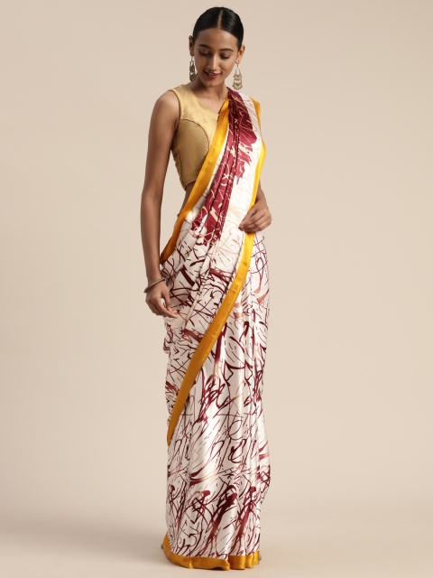 

Satrani Off-White & Maroon Satin Printed Saree