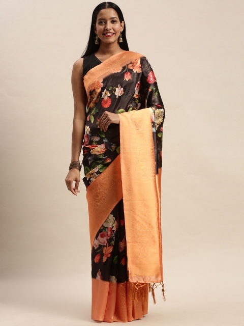 

Satrani Black & Orange Poly Silk Woven Design Banarasi Saree